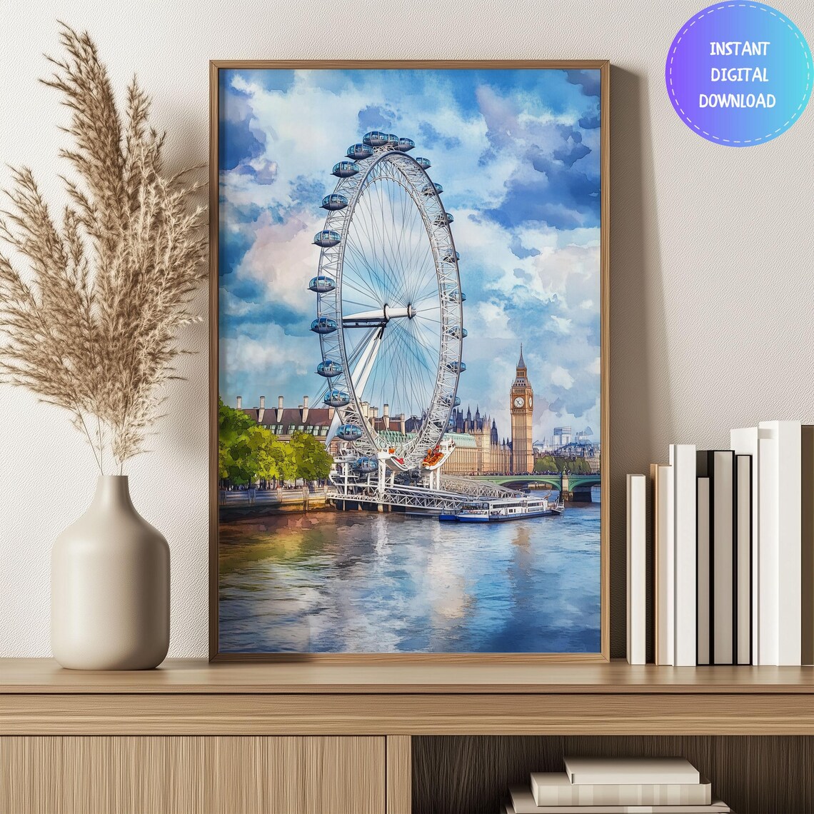 Watercolor London Eye, London Skyline Travel Poster - Image 3