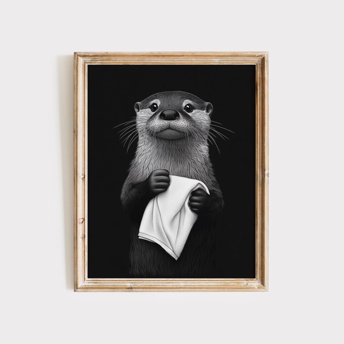 Black And White Otter Holding Towel Cute Bathroom Wall Poster