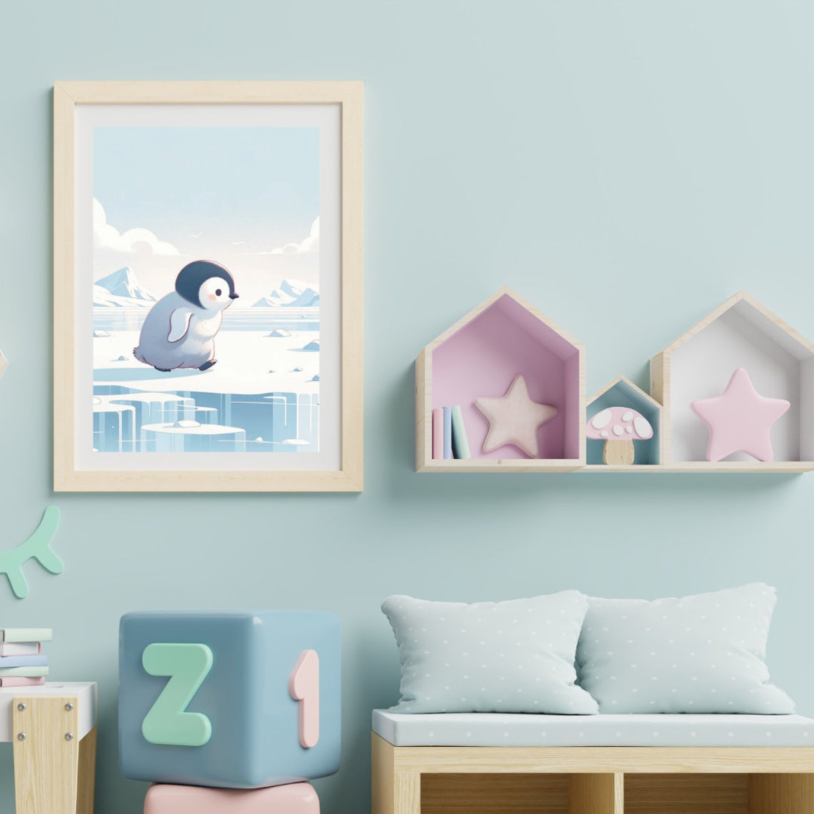 Baby Penguin Chick Ice Floe Antarctic Blue Nursery Illustration Print - Image 2