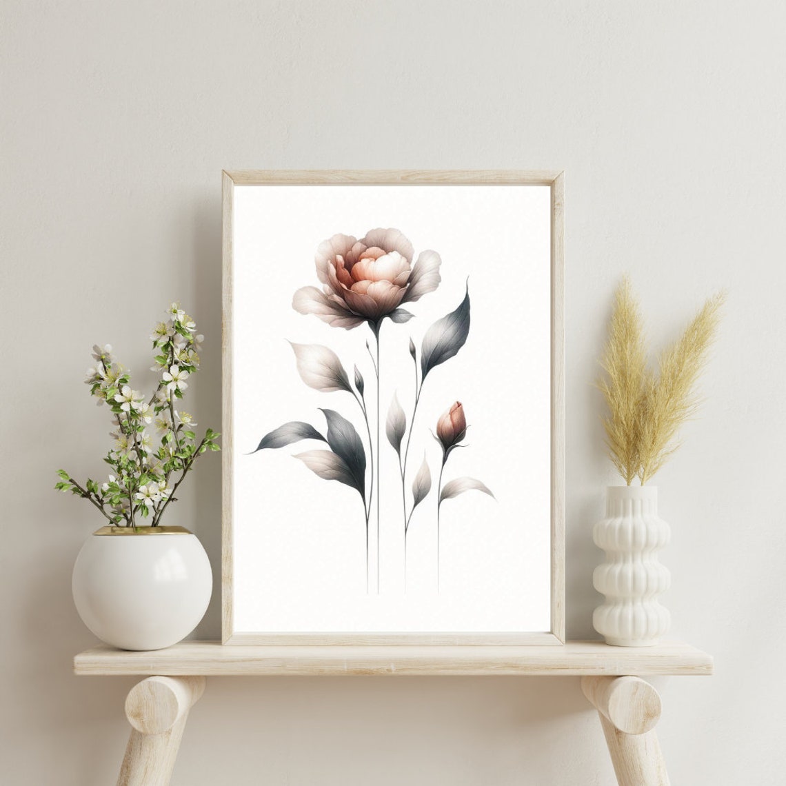 Blush Peony Bloom Sepia Watercolor Elegant Botanical Art Poster - Image 2