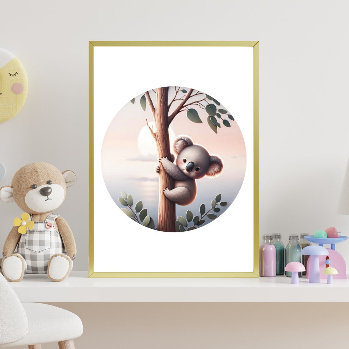 Koala Climbing Eucalyptus Tree Sunset Nursery Warm Illustration Poster - Image 2