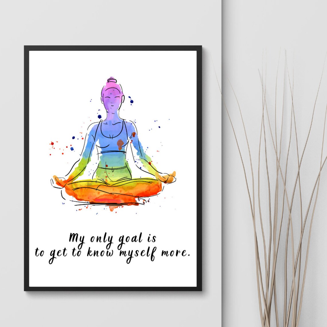 Rainbow Watercolor Meditating Woman Mindfulness Quote Inspirational Poster