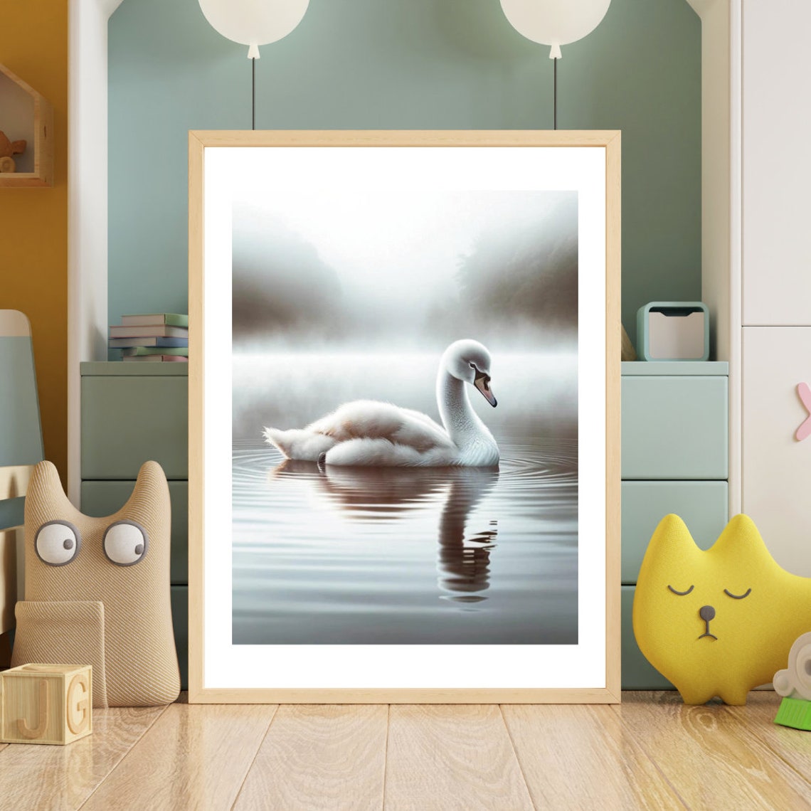 White Swan Misty Lake Calm Water Reflection Grey Nursery Poster - Image 2