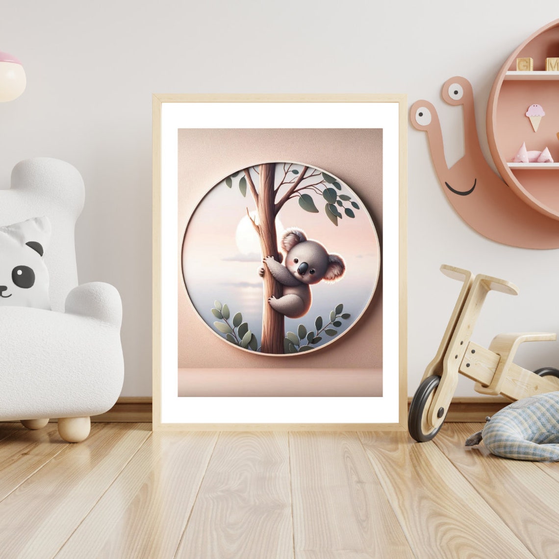 Koala Climbing Eucalyptus Tree Sunset Nursery Warm Illustration Poster - Image 5