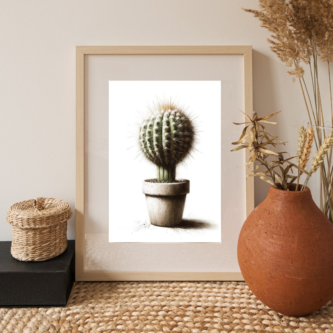 Small Barrel Cactus Stone Pot Minimalist Desert Watercolor Poster