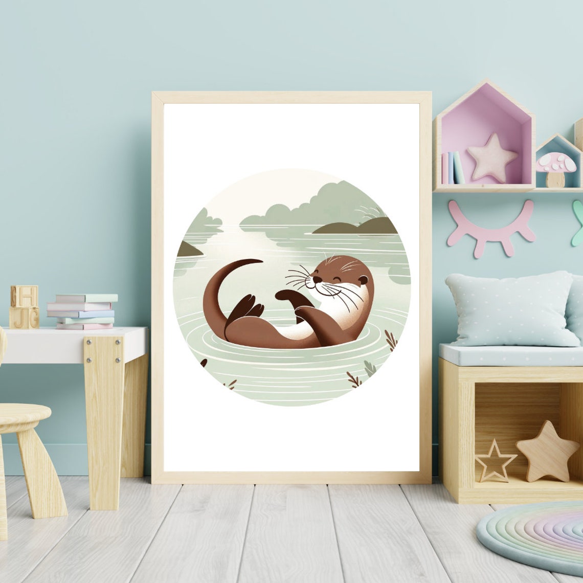 Playful Otter Floating River Nursery Illustration Calm Green Poster - Image 5