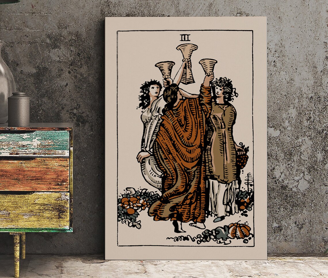 Three of Cups Tarot Card Print, Neutral Eclectic