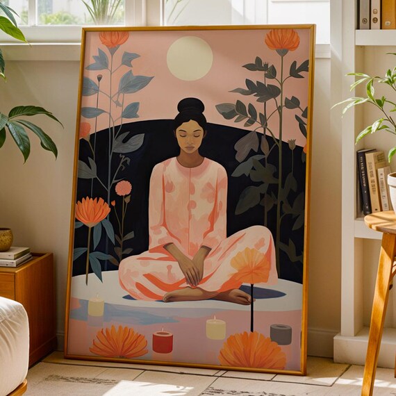 Boho Wall Art Poster Meditative Woman In Floral Circle Illustration Print For Bedroom Or Spa Peaceful Drawing