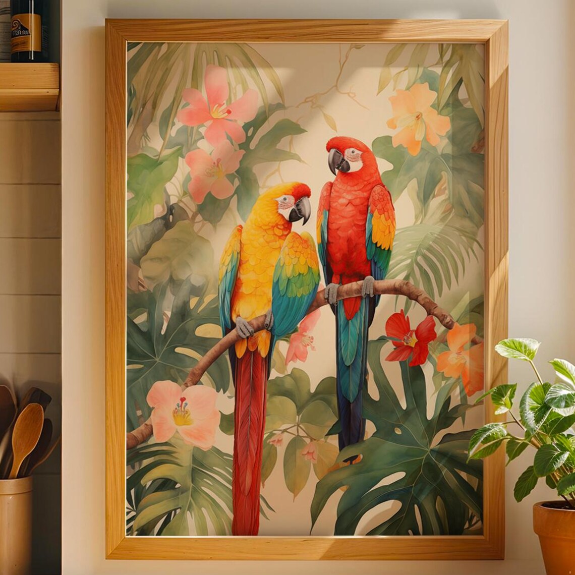 Colorful Parrots Tropical Jungle Bird Art Print