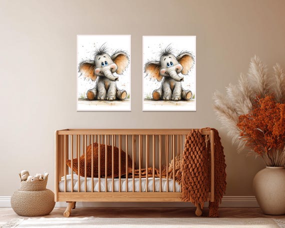 Wall Art Cute Elephant Nursery Poster Adorable Animal Illustration Artwork Instant