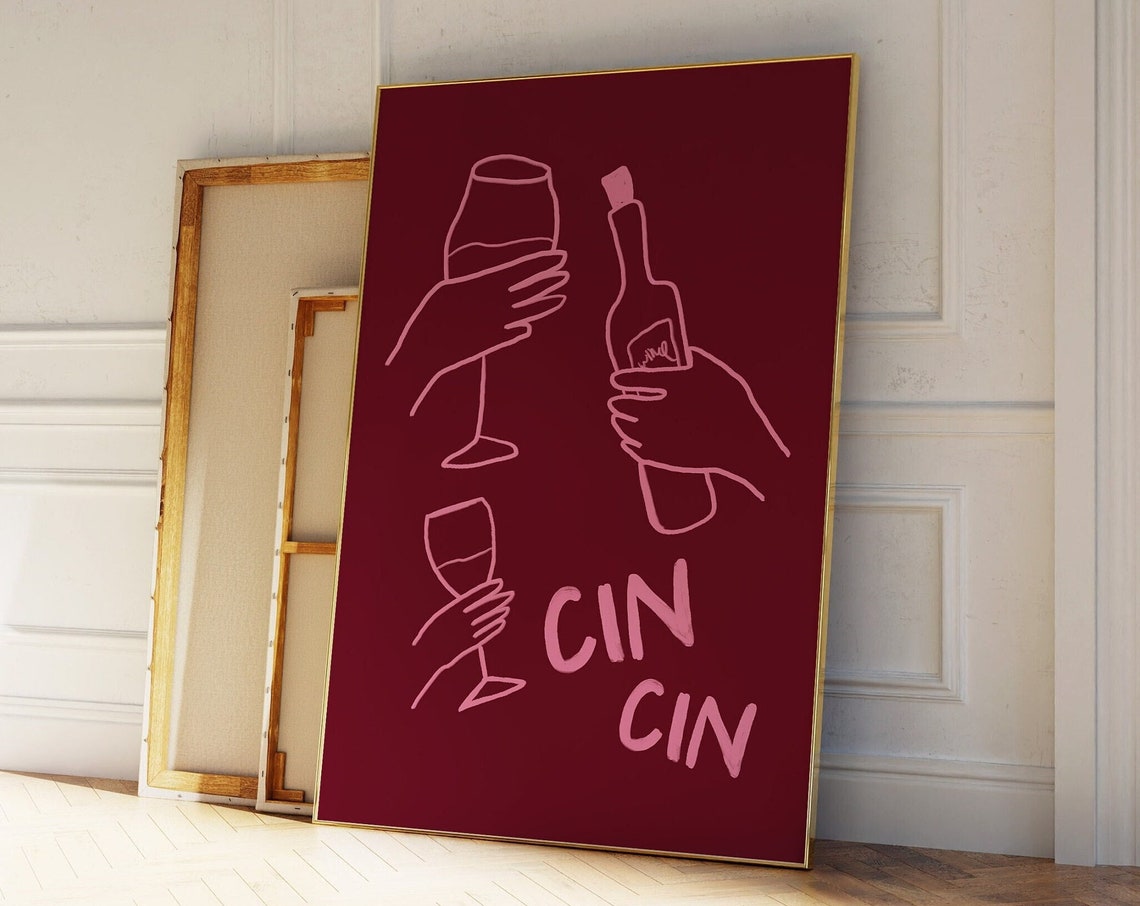 Cin Cin Burgundy Wine Glasses Toasting Hands Bar Decor Poster