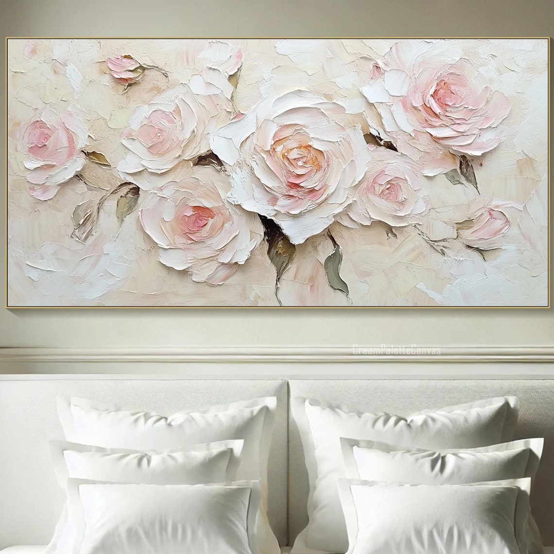 Blush Pink Roses 3D Textured Oil Painting Romantic Floral Wall Art