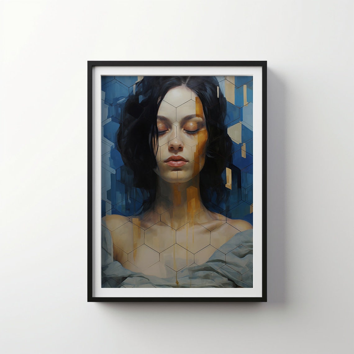 Depths of Expression Woman Behind Gold Hexagon Mesh Art Poster