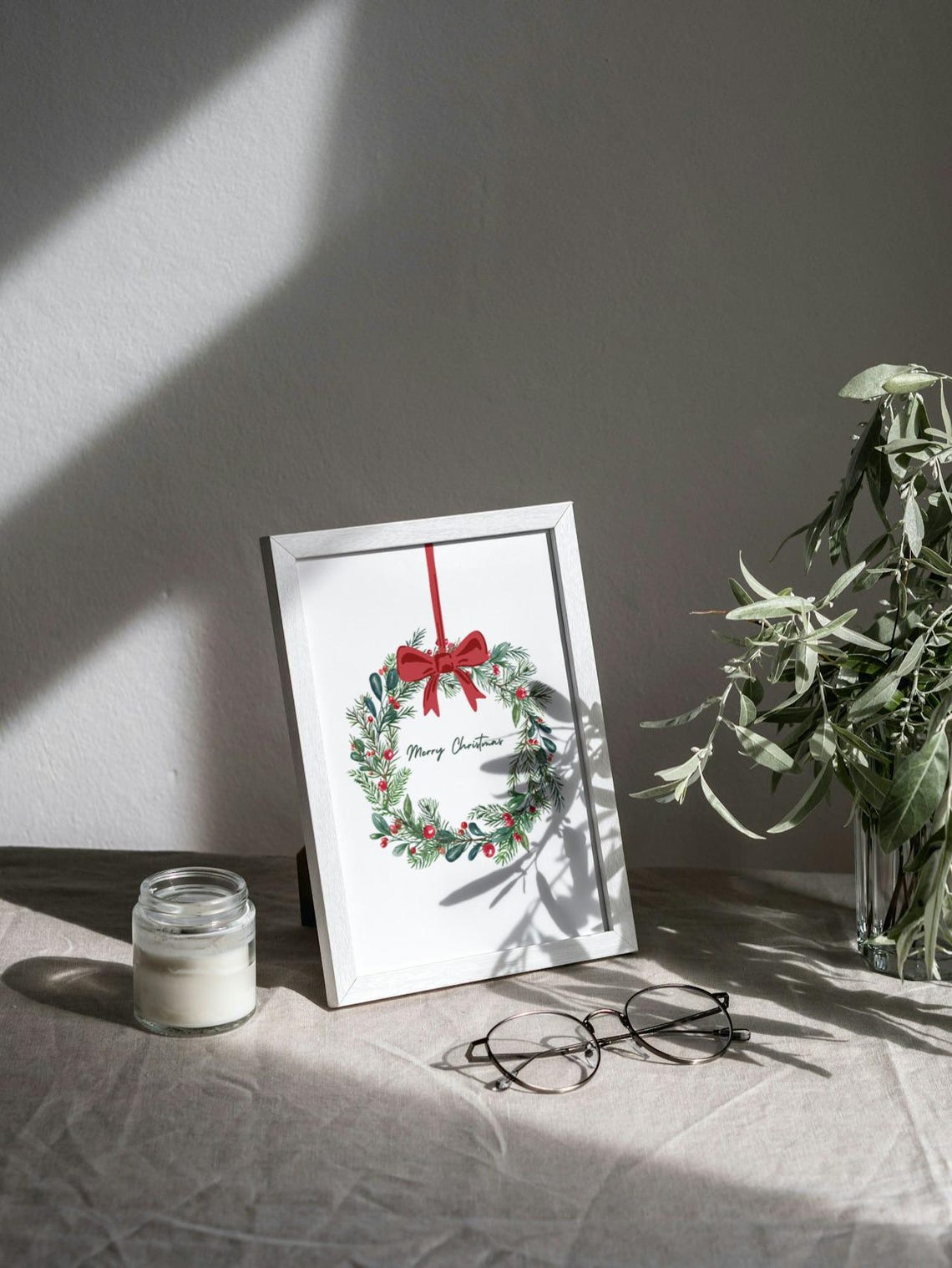 Merry Christmas Watercolor Pine Wreath Red Bow Holiday Wall Art - Image 3
