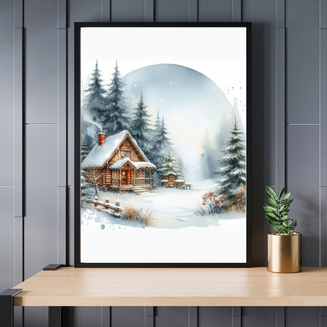 Snowy Wooden Cabin Winter Poster Watercolor Christmas Trees Forest Scene - Image 2