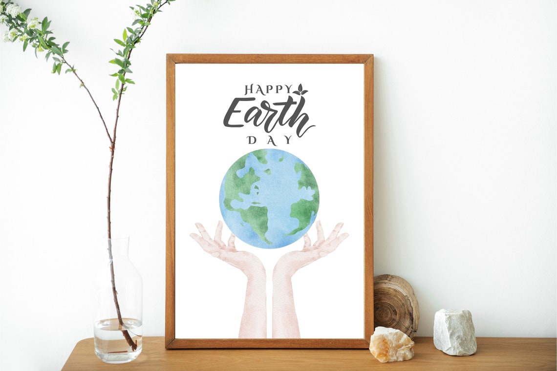 Happy Earth Day Globe in Hands Watercolor Planet Decor Poster - Image 2
