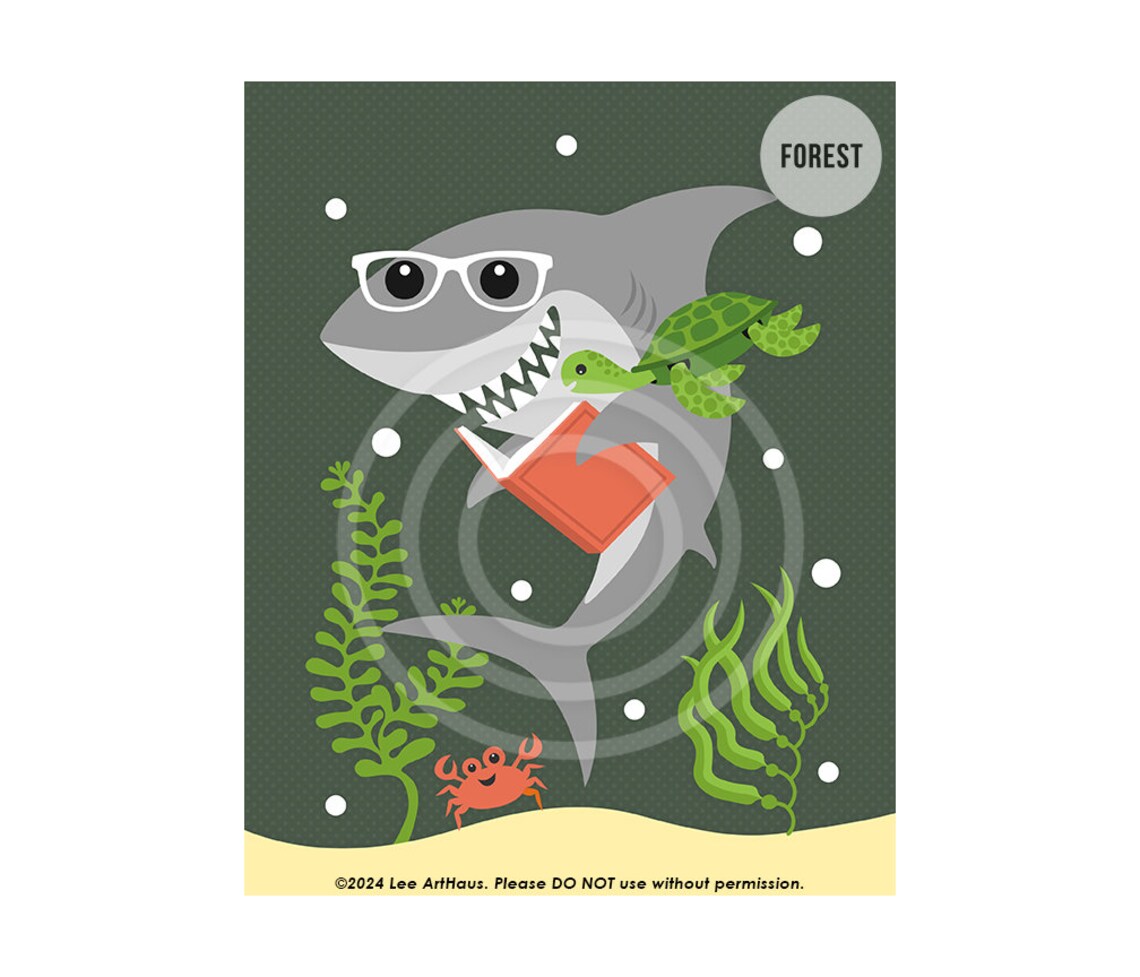 Cute Shark Reading Book With Glasses Green Undersea Scene Kids Library Poster - Image 5