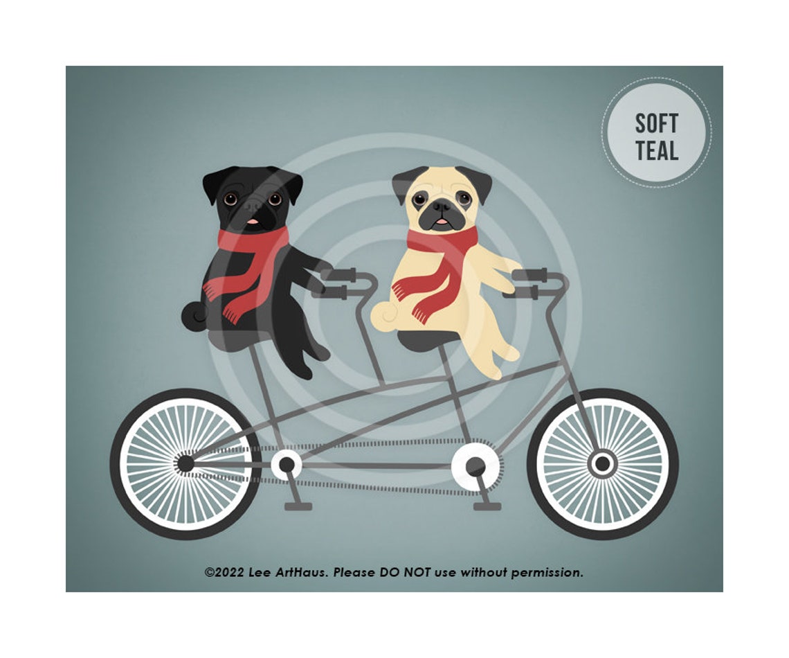Two Pugs Riding Red Tandem Bicycle Red Scarves Vintage Dog Poster - Image 4