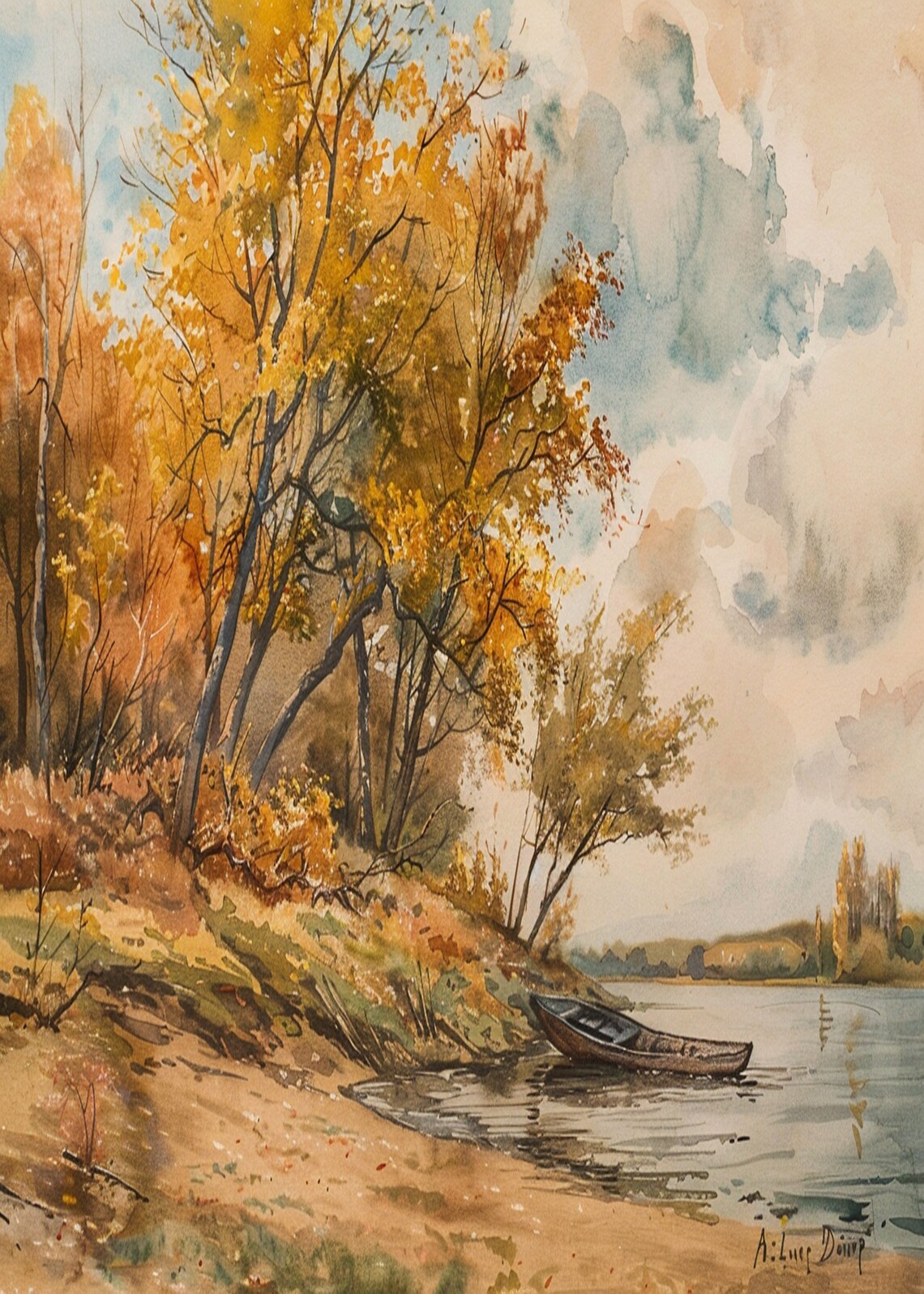 Golden Birch Trees Scene with a Canoe on Autumn Lakeshore Poster - Image 3
