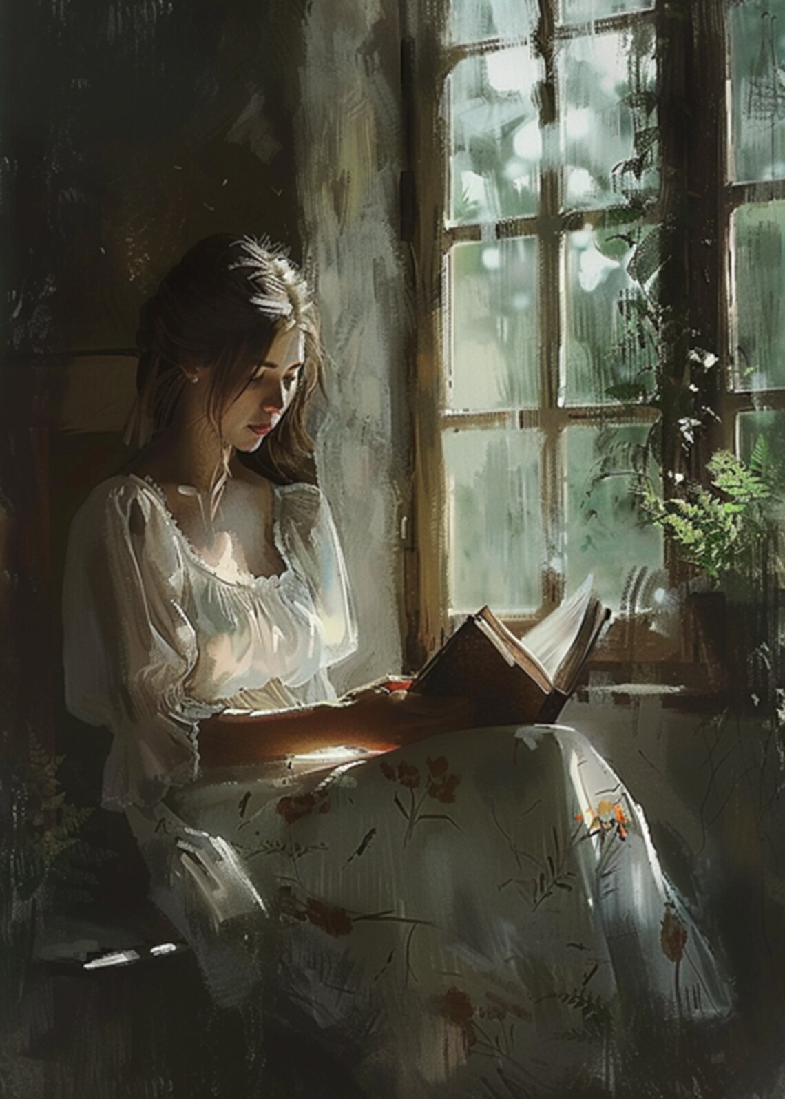 Woman Reading in a Dark Vintage Interior Oil Painting Poster - Image 2