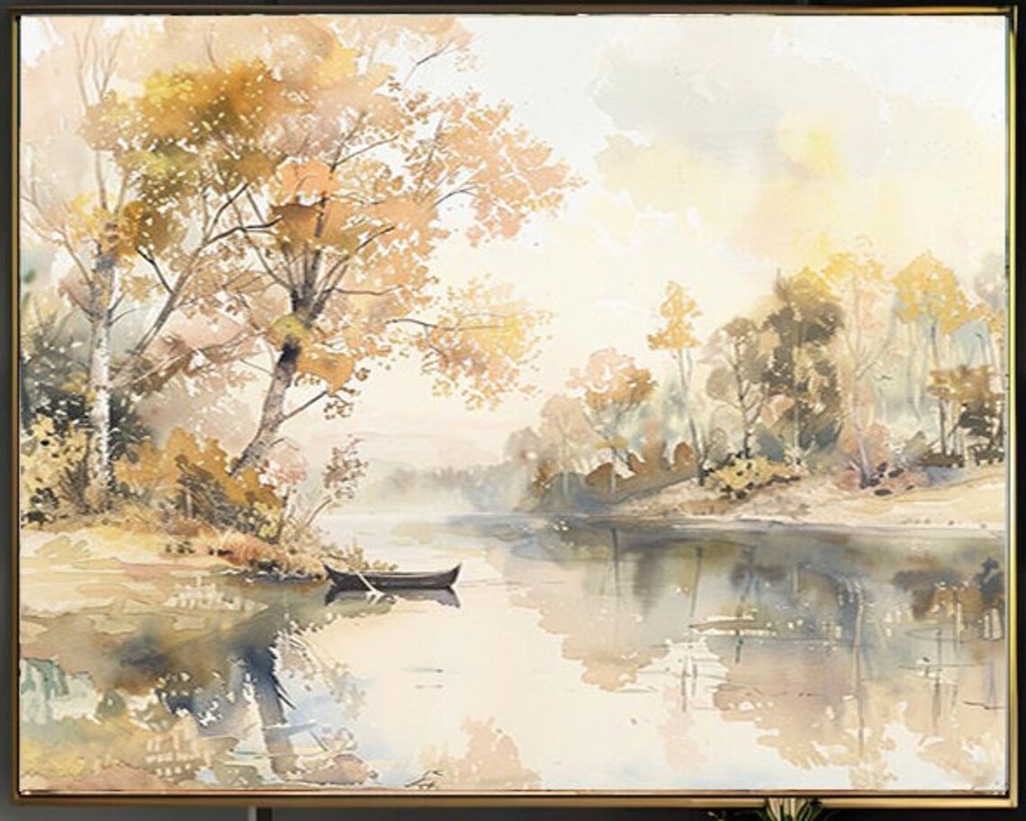 Golden Autumn Lake Scene with Canoe Watercolor Landscape Poster - Image 2
