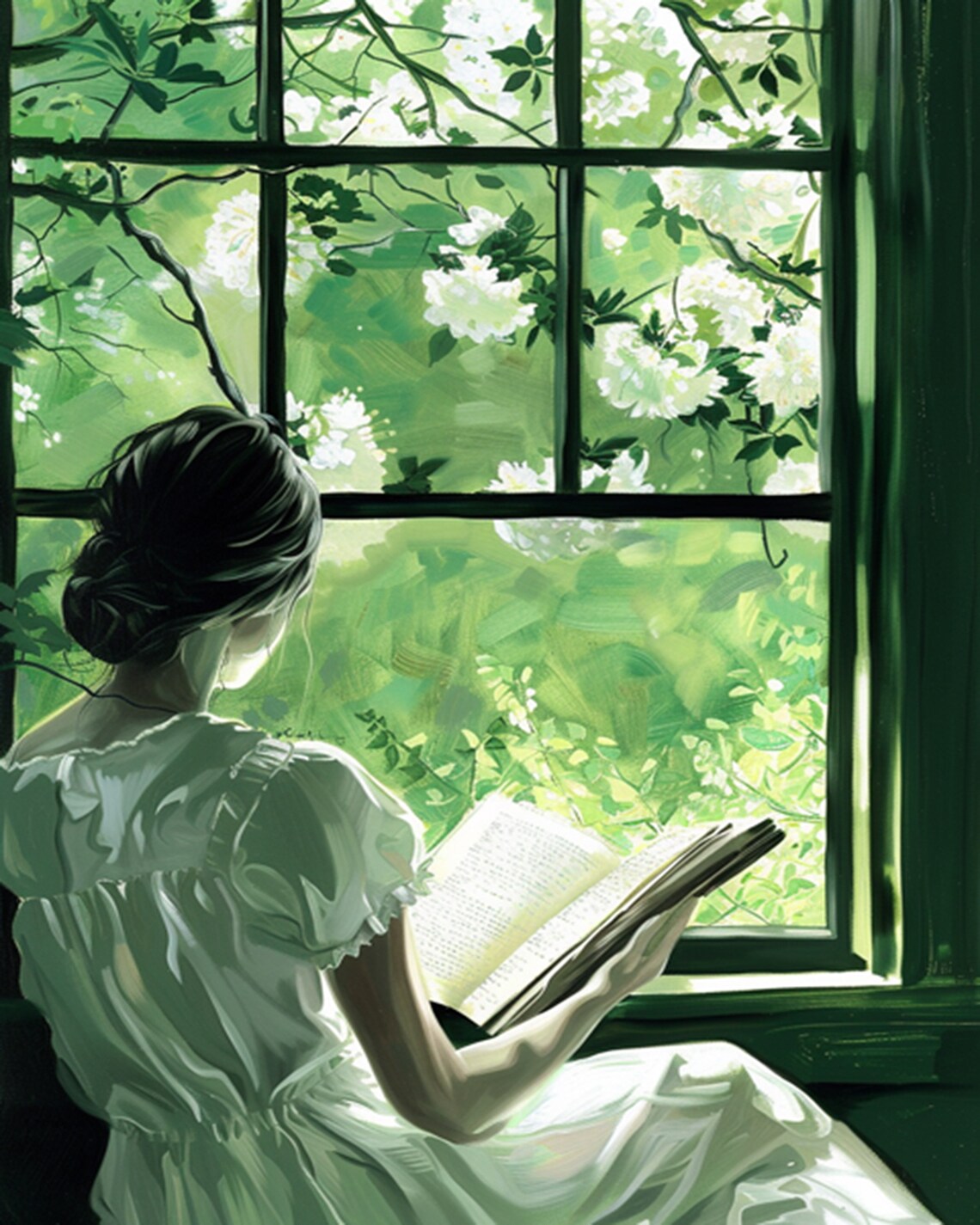 Woman Reading at a Green Window Vintage Impressionist Poster - Image 2
