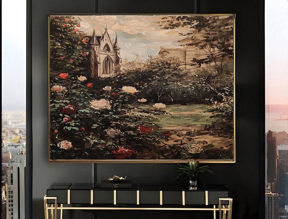 Gothic Chapel Beside Lake Red White Roses Misty Morning Poster