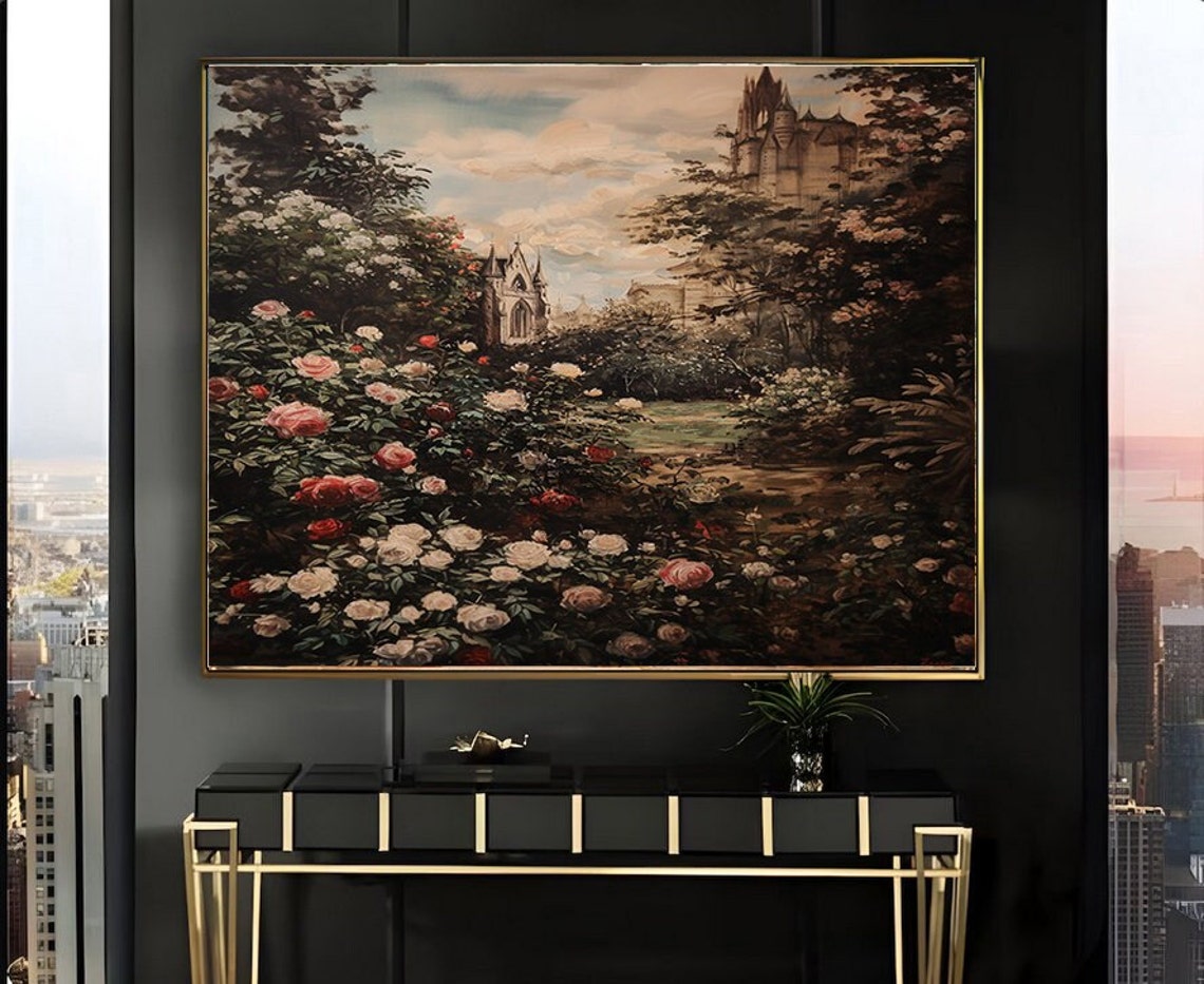 Gothic Chapel Behind Rose Garden Under Muted Sepia Clouds Poster
