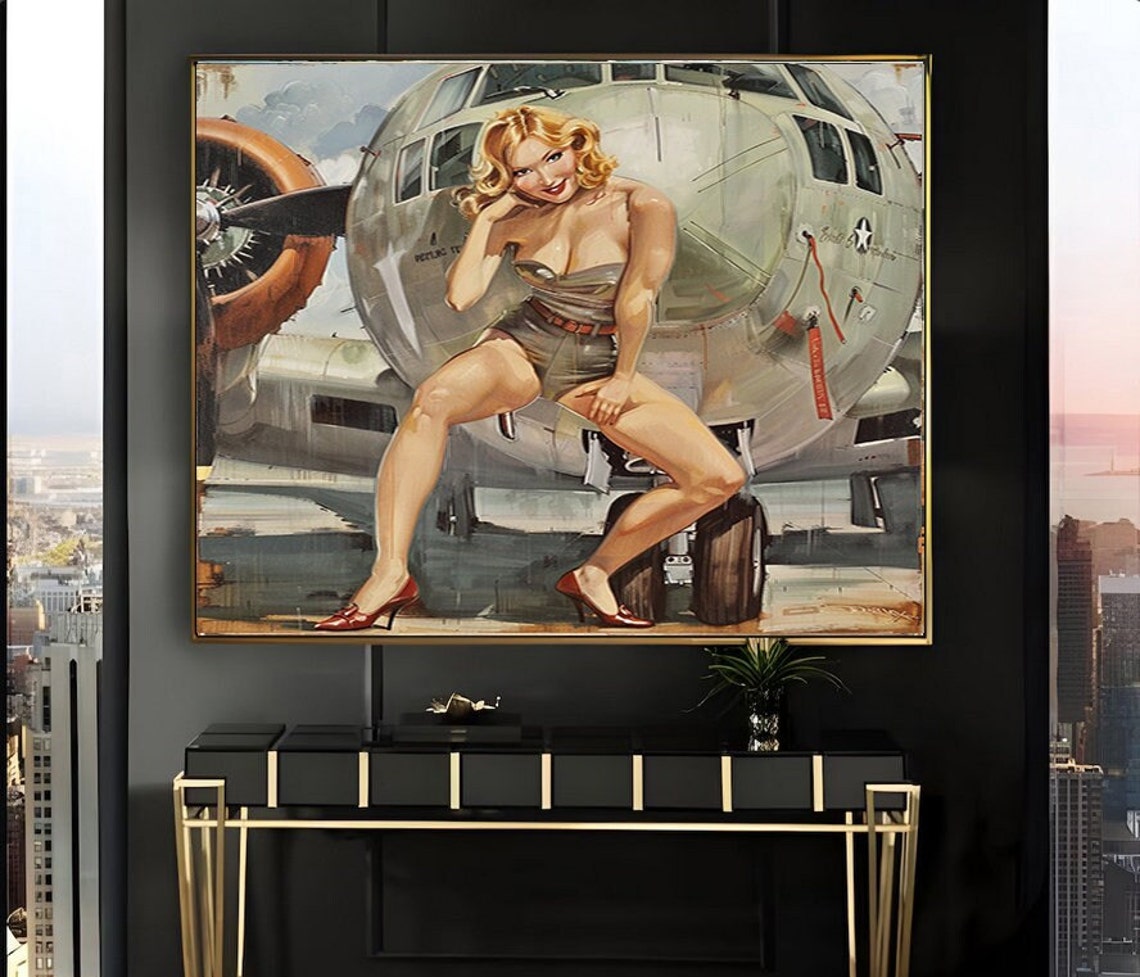 Blonde Pinup Leaning on an Airplane Nose Vintage Style Poster