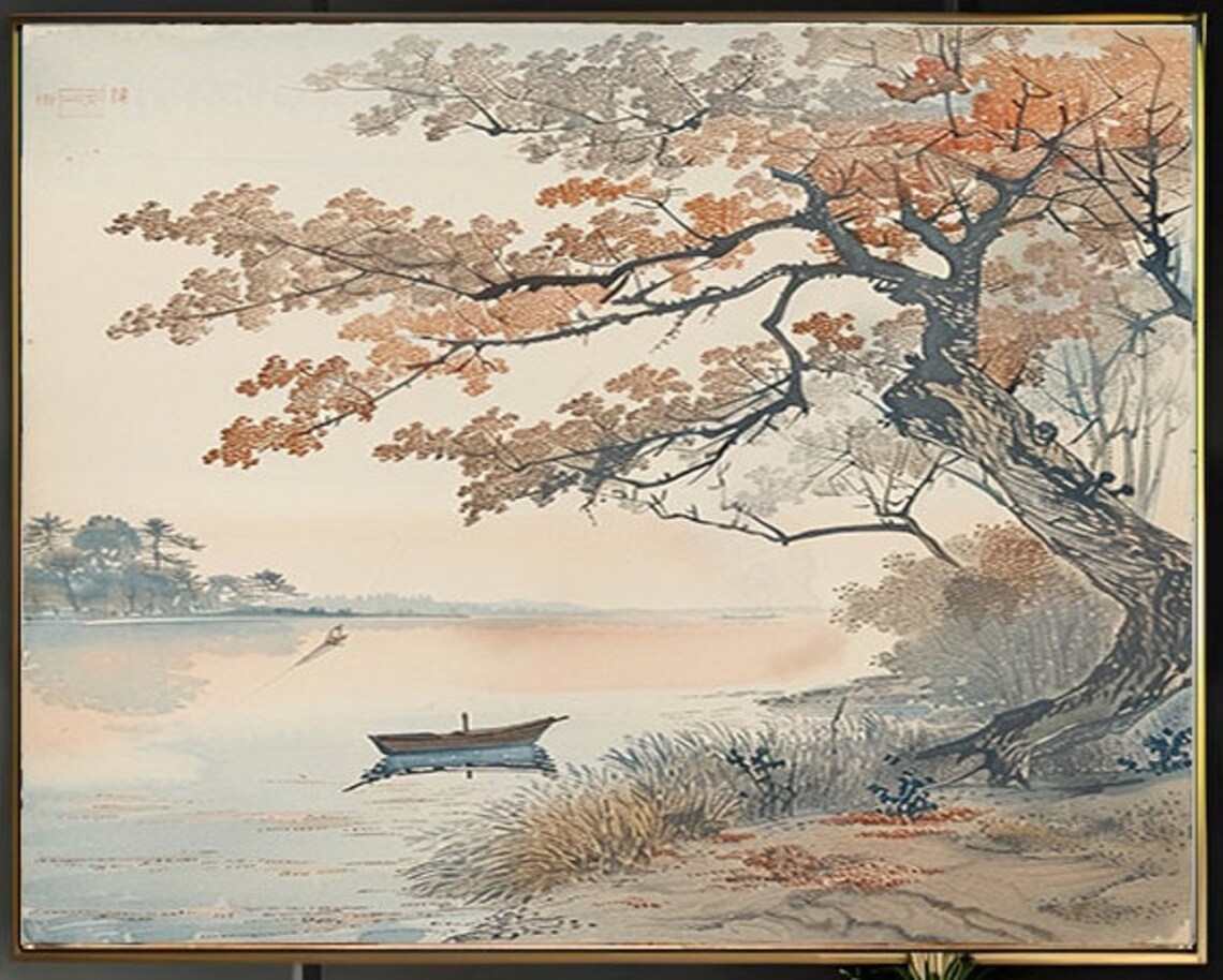Japanese Style Autumn Tree Scene over the Lake with Boat Print - Image 2