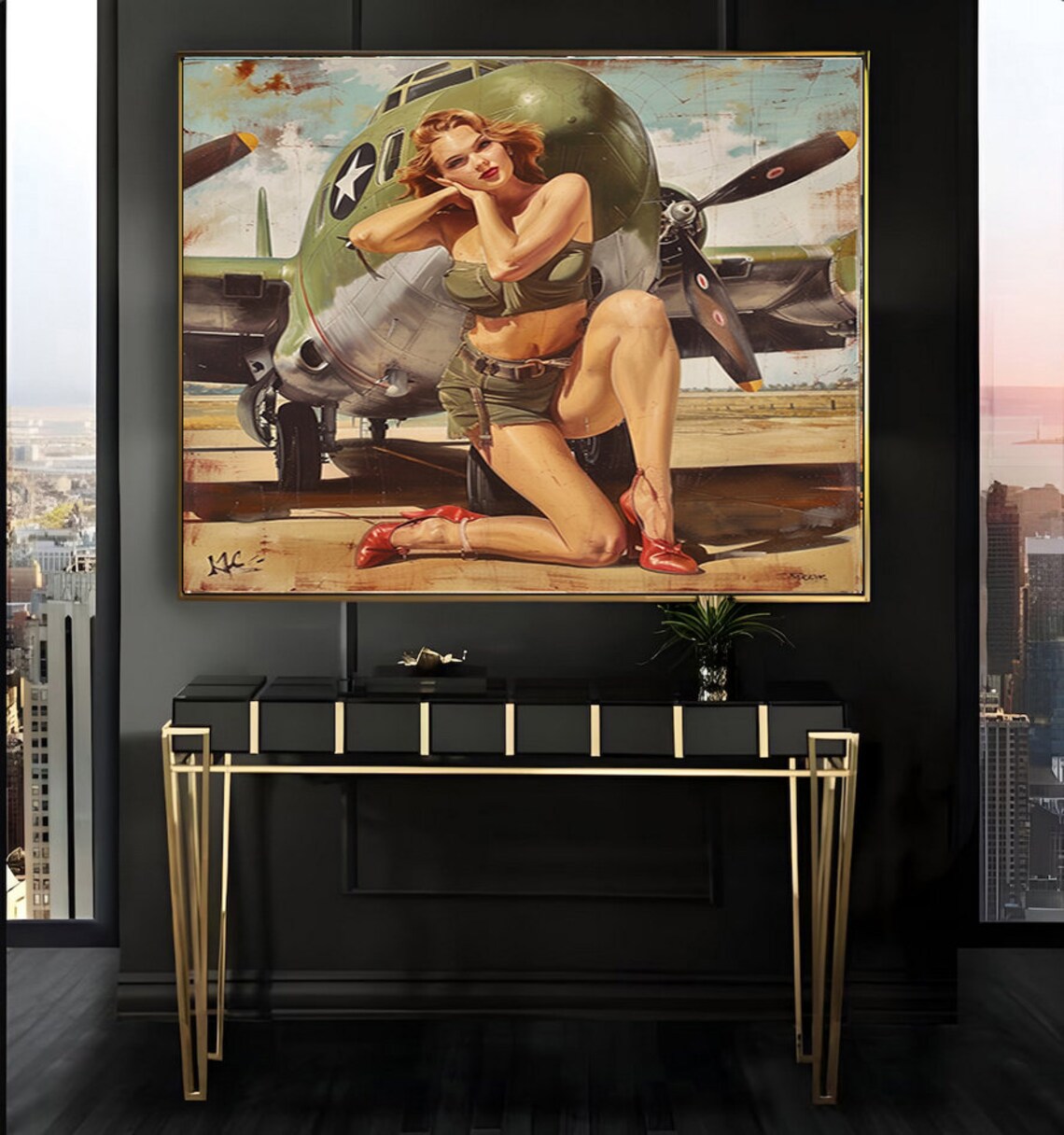 Pinup Girl in Red Heels Kneeling by a Military Plane Vintage Poster - Image 2