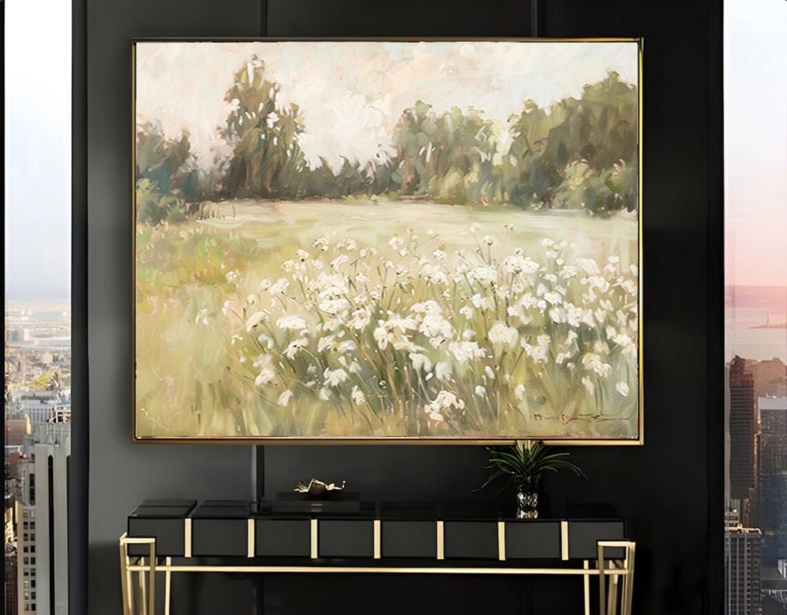 White Wildflower Meadow with Tall Trees Pastoral Painting Poster