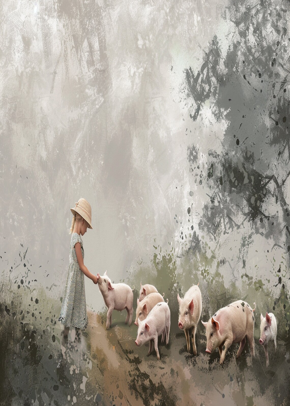 Girl in Straw Hat Feeding Piglets Watercolor Farmyard Art Poster - Image 3