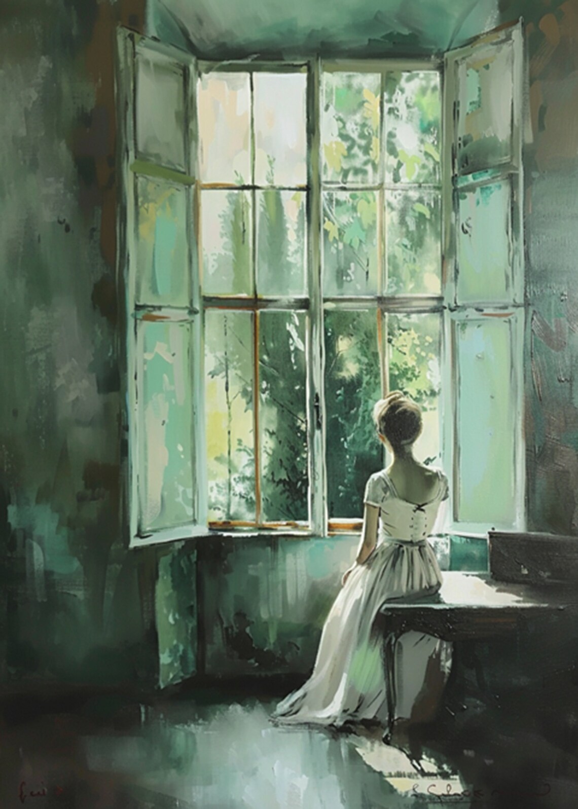 Woman Seated Before Open Windows Vintage Oil Painting Poster - Image 2