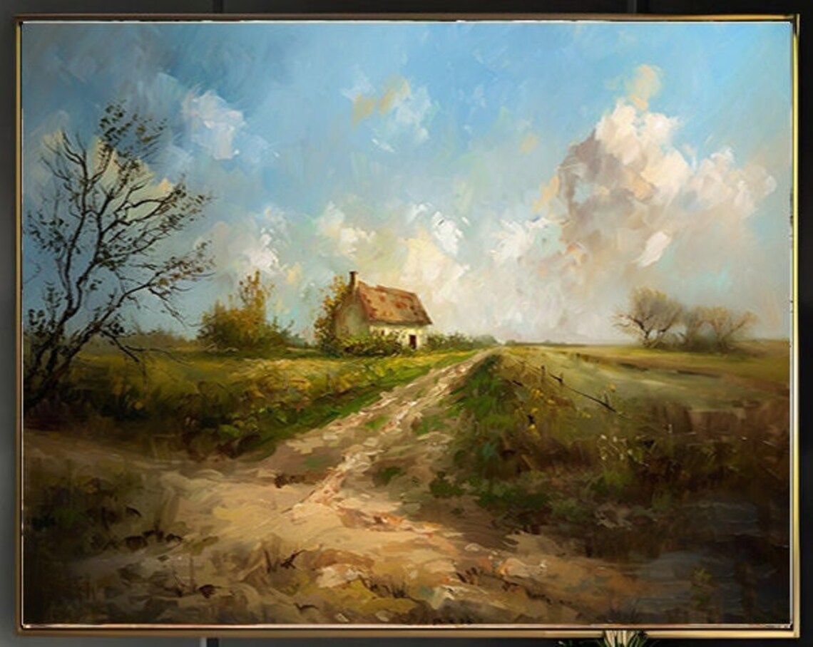 Red Roof Cottage Across Dirt Road Flat Farmland Summer Poster - Image 2