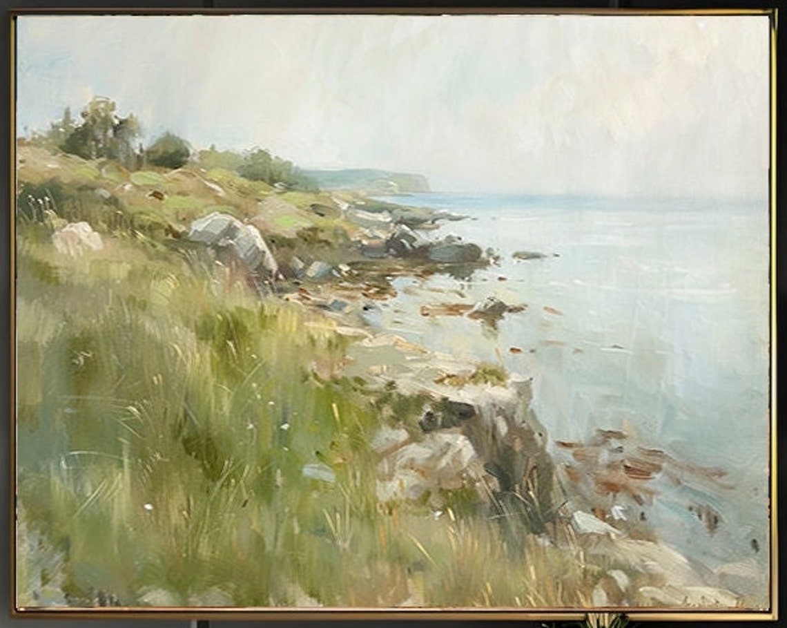 Grassy Coastal Bluff Overlooking Calm Ocean Vintage Seaside Poster - Image 3