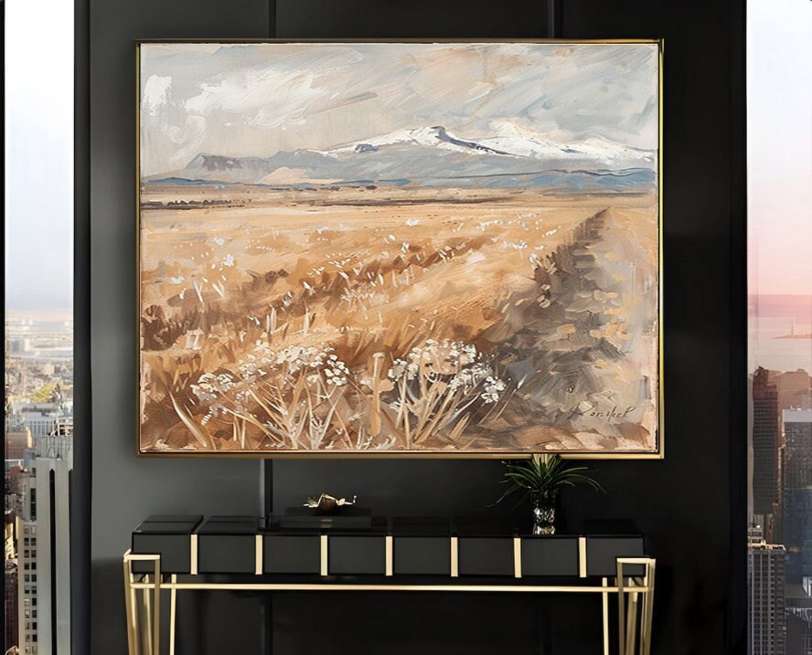 Golden Wheat Field Wildflowers Snowcapped Mountains Landscape Poster