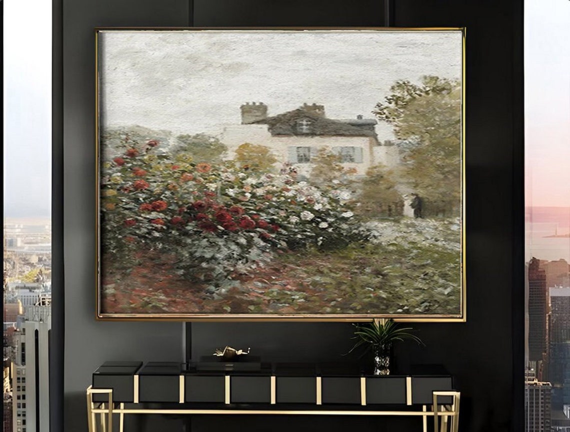 Red White Rose Garden in Front of White Country Cottage Art Poster