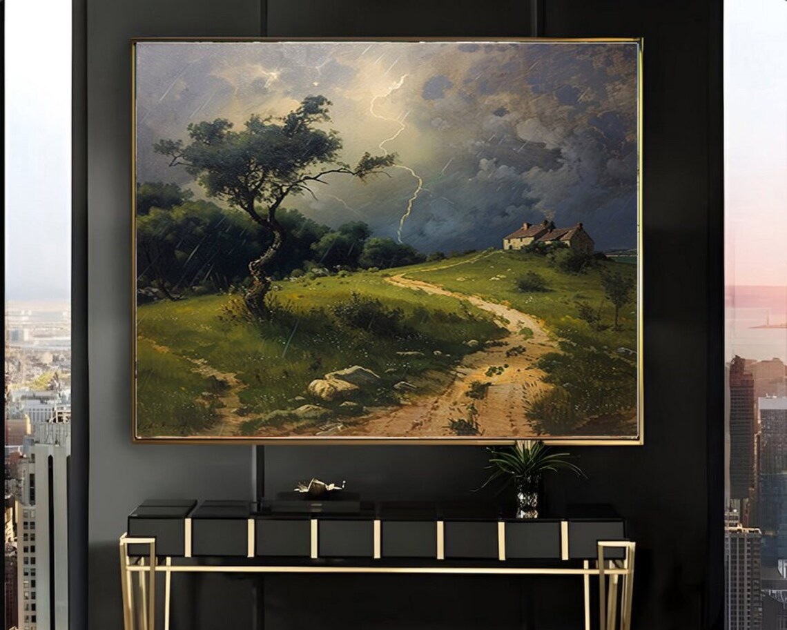 Farmhouse on Green Hill Under Thunderstorm Lightning Sky Poster