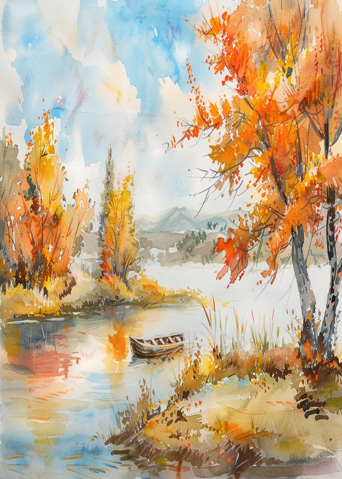 Bright Autumn Lake Scene with Rowboat Watercolor Painting Poster - Image 3