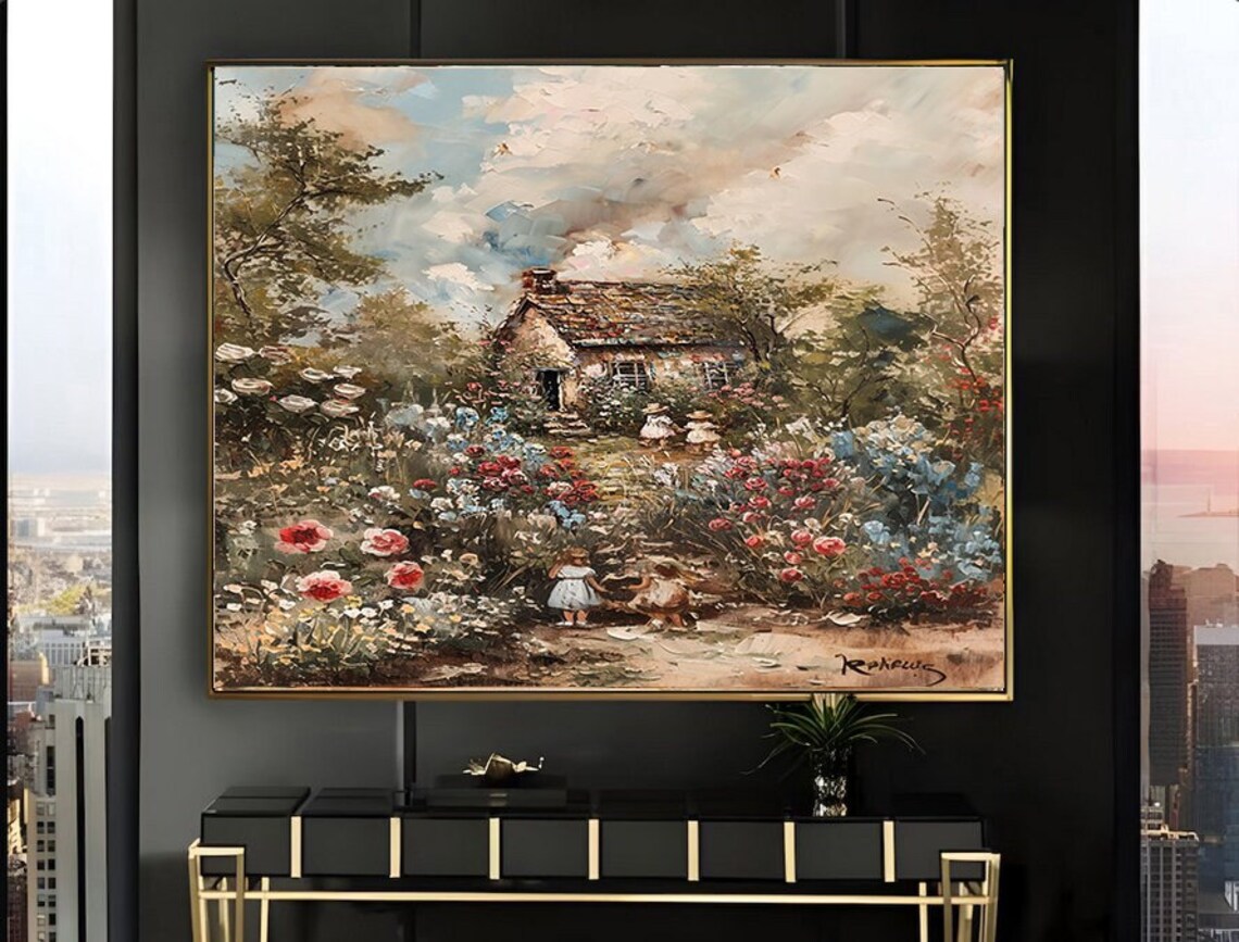 Girl Picking Roses in Lush Cottage Garden Under Stormy Sky Poster