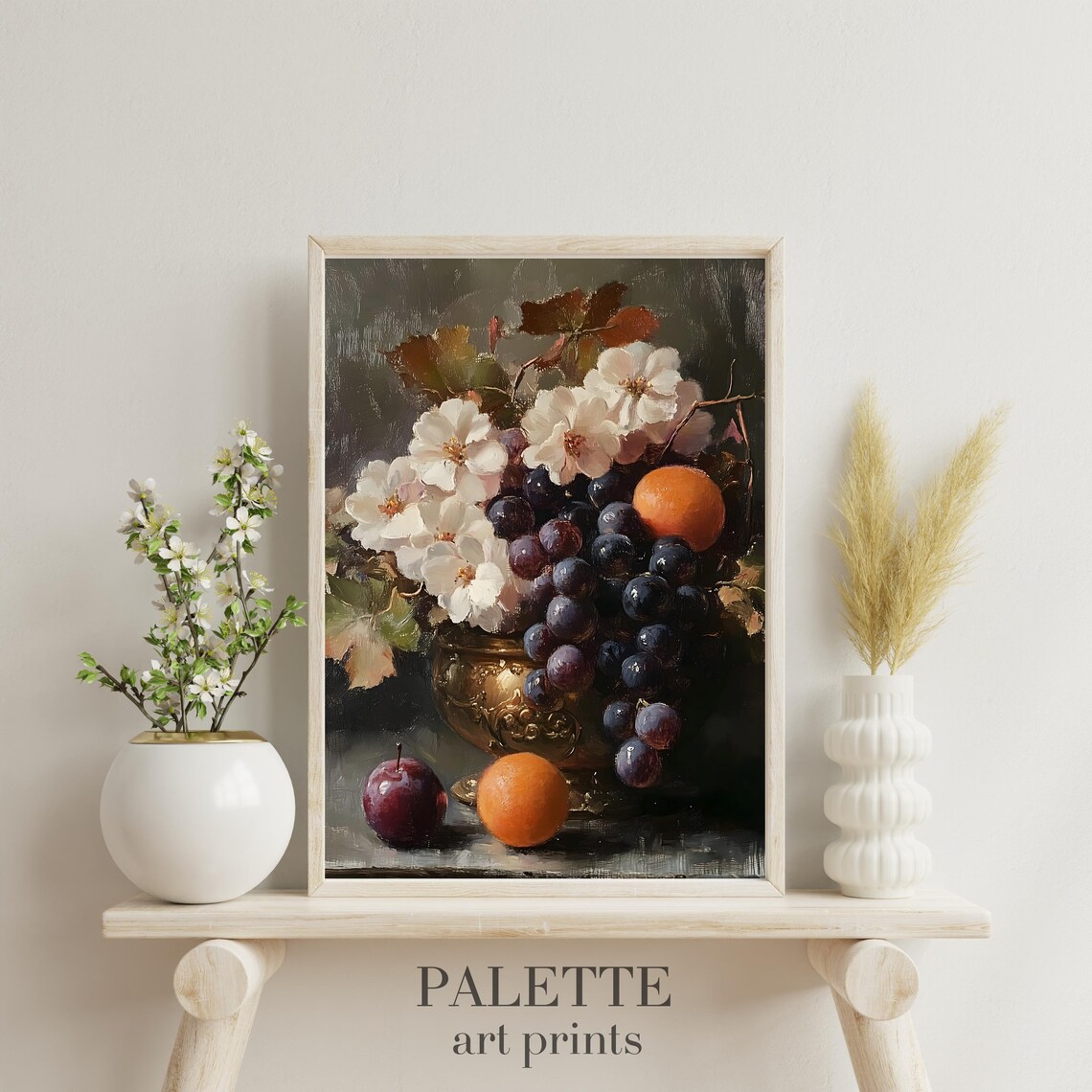Dark Grape Blossom Orange Vintage Still Life Brass Urn Print - Image 3