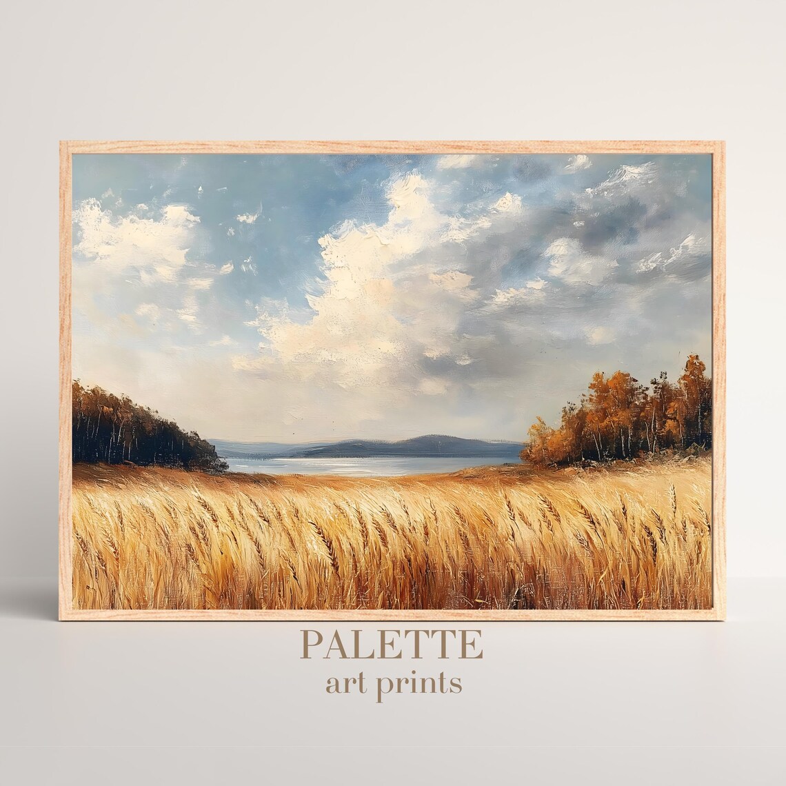 Golden Wheat Field by the Lake Autumn Trees Landscape Painting Poster