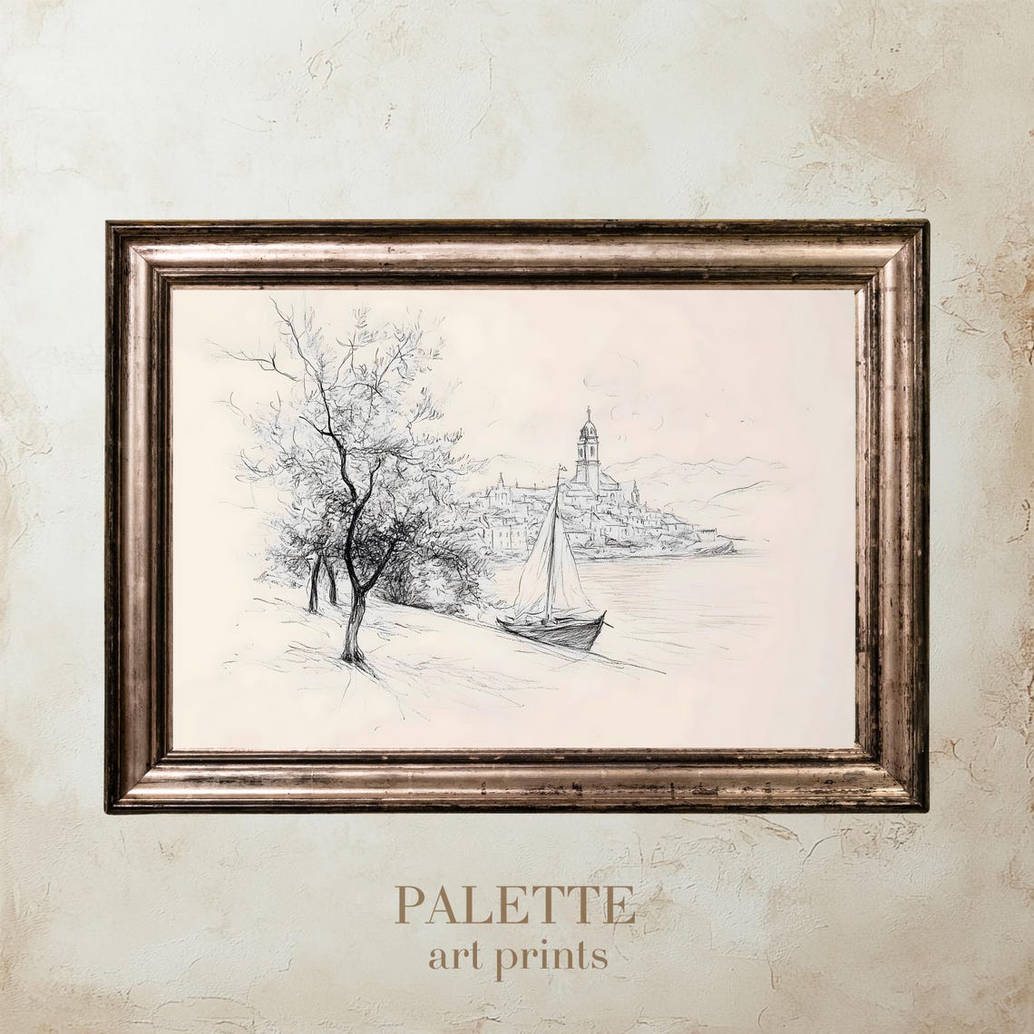 Coastal Town with Sailboat Pencil Sketch Village Scene Print - Image 2