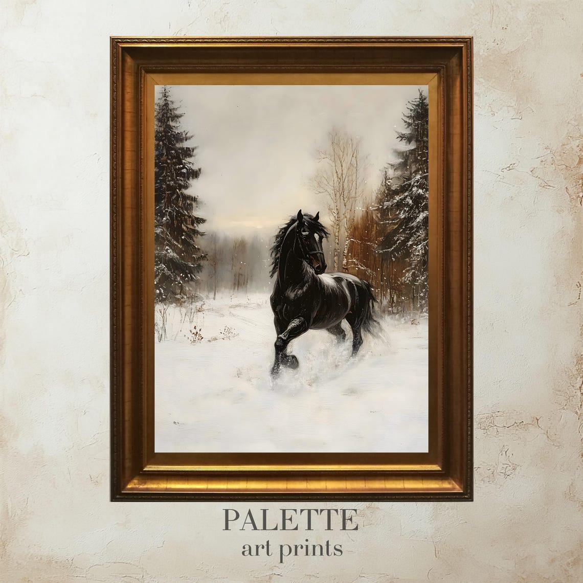Majestic Black Horse Galloping Through a Snowy Pine Forest Wall Art