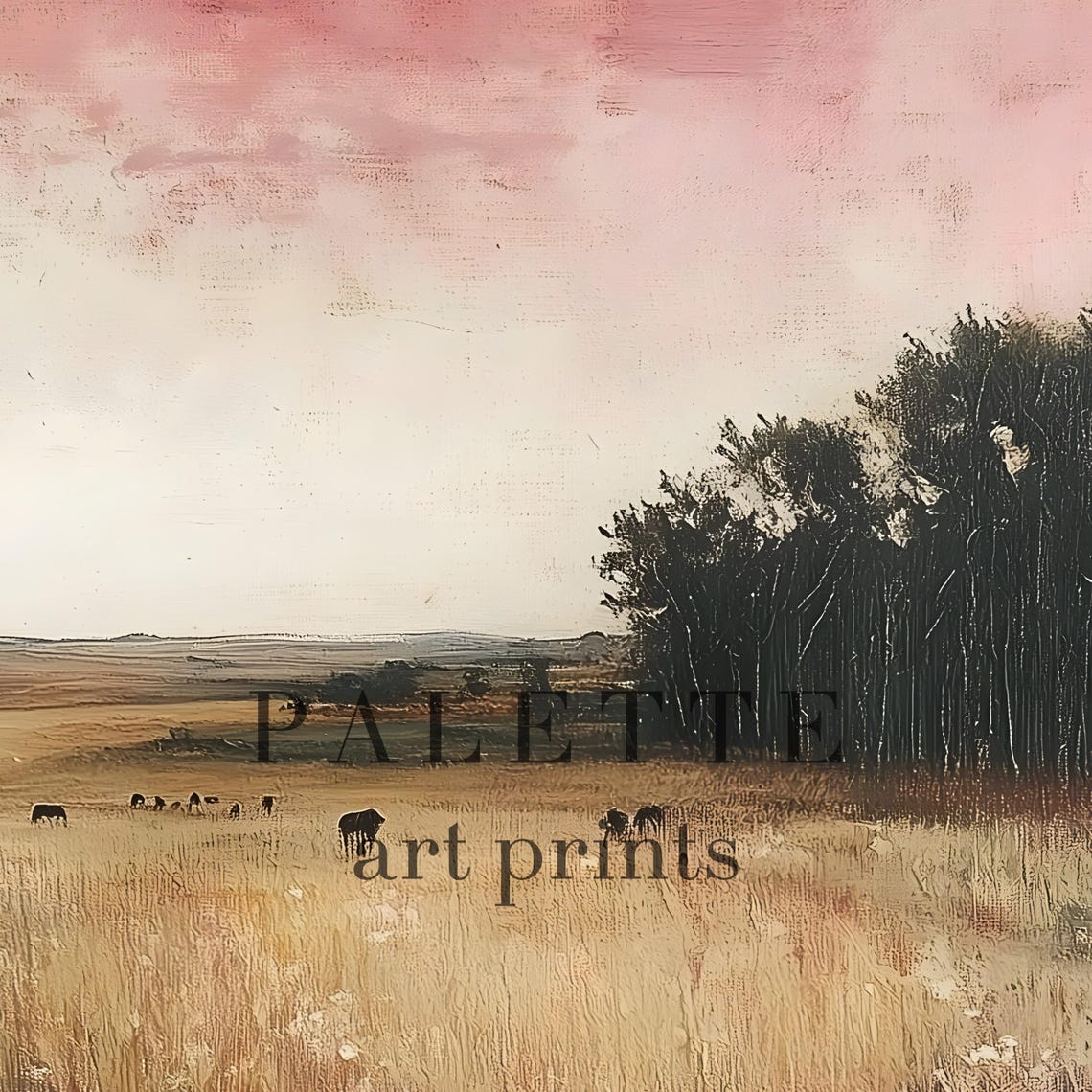 Cattle Grazing Prairie Rose Pink Sky Golden Field Landscape Poster - Image 2