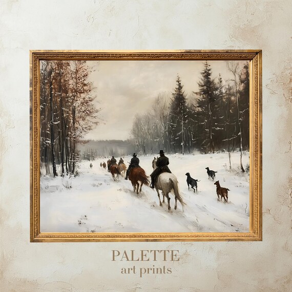 Horseback Hunters Snowy Forest Vintage Winter Equestrian Print