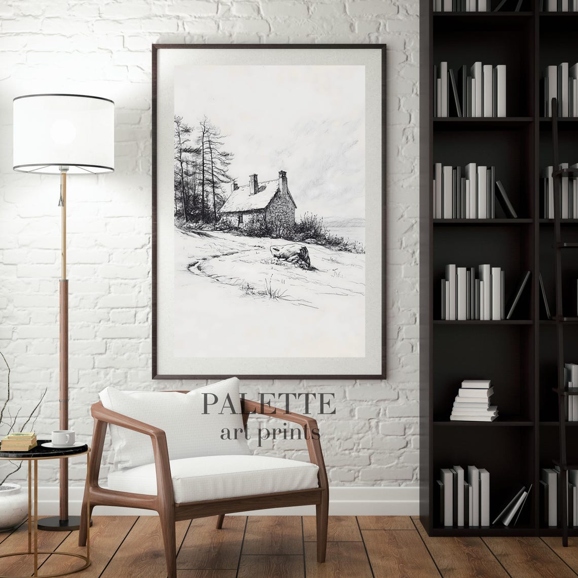 Stone Cottage Water Shore Ink Sketch Black White Rustic Print - Image 3