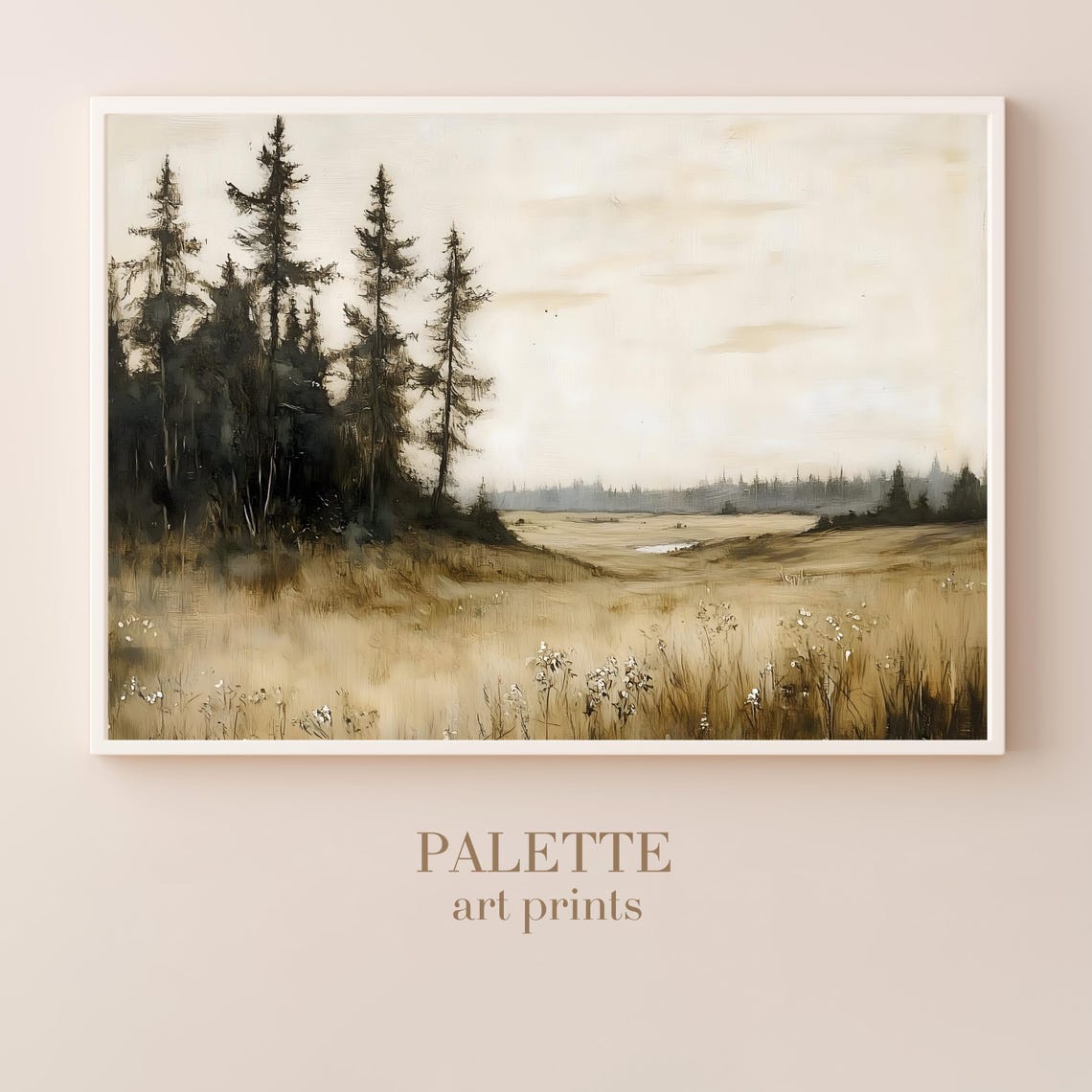 Sepia Toned Pine Trees Over an Open Quiet Moor Landscape Wall Art - Image 3