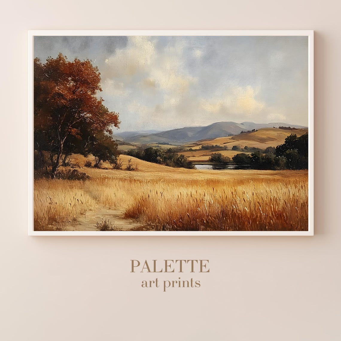 Golden Autumn Field Lake Red Tree Warm Vintage Landscape Poster